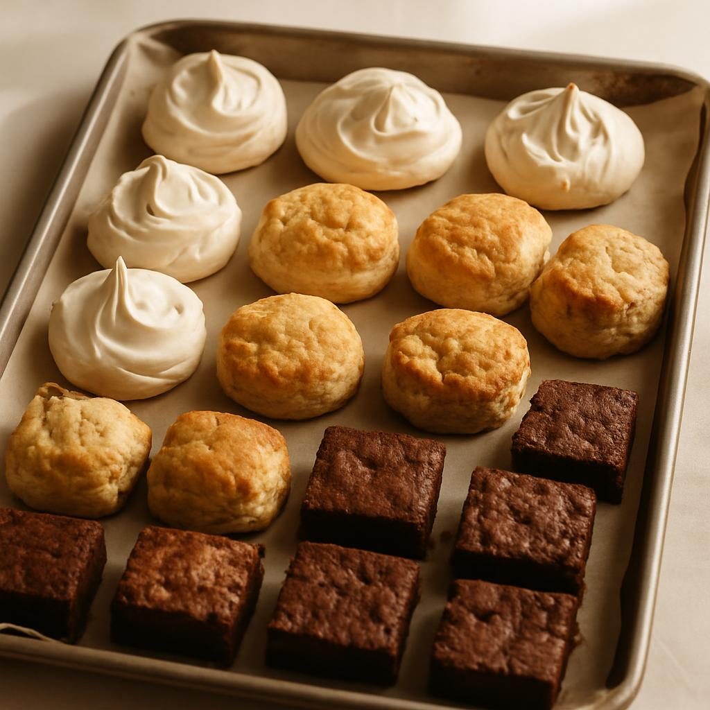 A tray of meringues, scones and brownies cooling on parchment