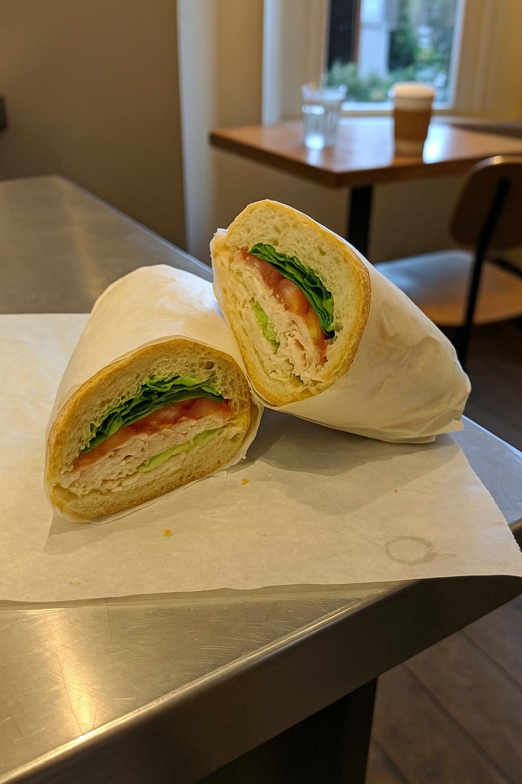 A sandwich cut in half on greaseproof paper on a steel counter